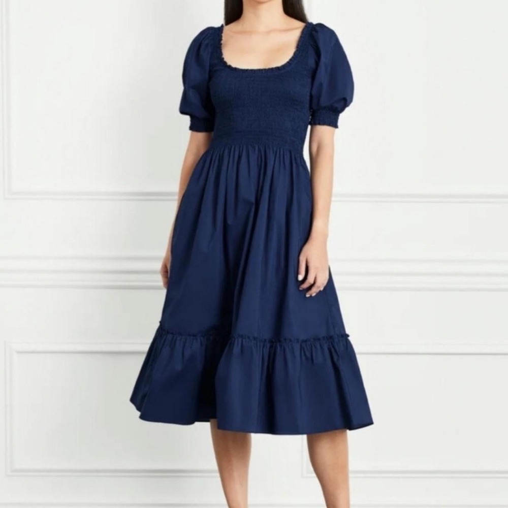 New! HILL HOUSE HOME Louisa Nap Dress Navy Smocked Puff Sleeve Midi Dress Size M